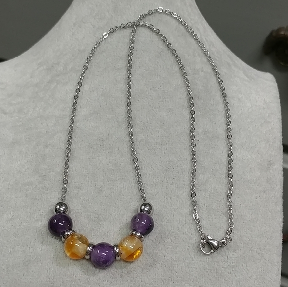 Citrine Amethyst Bead Necklace Natural Gemstone Crystal Stainless-Steel Chain - Picture 11 of 11
